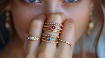 Elegant gold rings with emerald stones displayed on a hand against a cozy knitted sweater backdrop photo