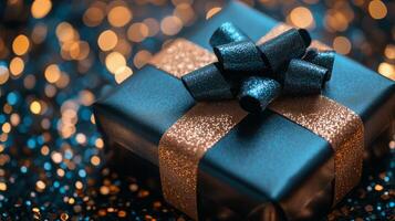 Attractive gift box with a shiny bow surrounded by colorful lights photo