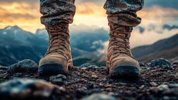 Boots stand firmly in muddy terrain during an outdoor activity in a rugged landscape photo