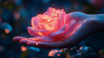 Beautiful orange rose held delicately in hand during golden hour photo