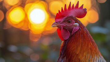 Bright sunrise behind a rooster in a field of grass at dawn in rural landscape photo