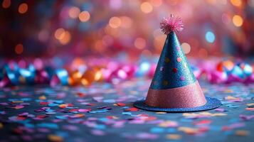 Colorful party hat and confetti create a festive atmosphere for celebrations photo