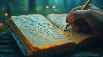 Handwriting in a notebook with a yellow pencil in a cozy indoor setting during the evening photo