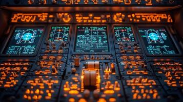 Control panel of an aircraft cockpit illuminated with orange and blue lights at night photo