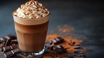 Warm and inviting mocha beverage topped with whipped cream and chocolate shavings photo