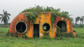 Abandoned dome house covered in vines in a lush green landscape under a cloudy sky photo