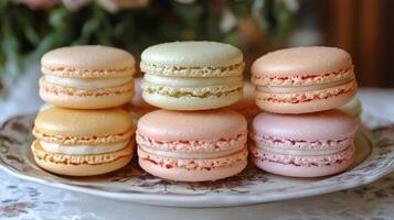 Colorful macarons arranged on a decorative plate with floral pattern for a dessert display photo