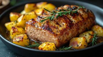 Delicious grilled salmon fillet with roasted potatoes and herbs in a skillet photo