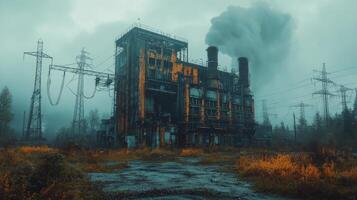 Abandoned building stands solitary against a vibrant sunset by the river photo