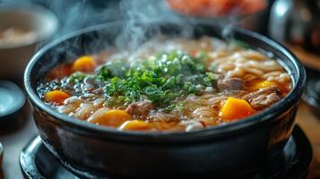 Rich, aromatic stew bubbling in a black pot over an open flame during a cozy gathering photo