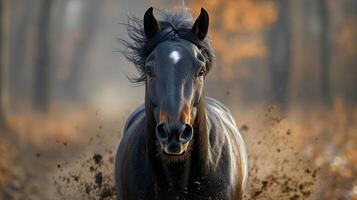 Black horse galloping through a forest trail during autumn season photo