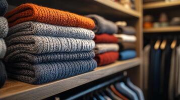 Cozy sweaters and neatly folded clothes displayed on wooden shelves in a stylish wardrobe photo