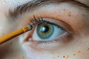 Eye makeup application with focus on details and precision in a close-up setting photo