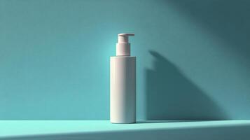 Minimalist white bottle on blue background with soft shadow in natural light photo