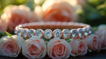 Elegant rose gold bracelet with sparkling gemstones surrounded by delicate flowers photo