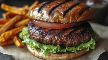 Delicious burger with avocado and sweet potato fries on a rustic table photo