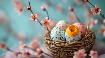 Colorful decorative eggs in a woven basket with flowers on a fabric background during spring season photo