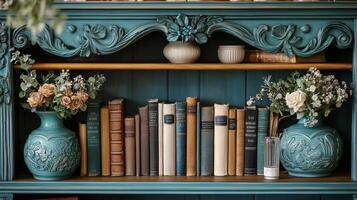 Elegant bookshelf filled with antique books and decorative vases in a cozy living room setting photo