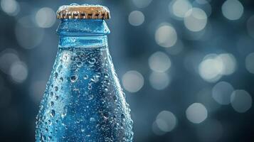 Sparkling water bottle with bubbles on a reflective surface in bright lighting photo