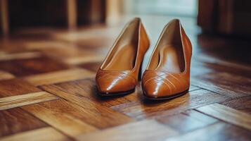 Elegant brown high heels placed on a polished wooden floor reflecting light beautifully photo