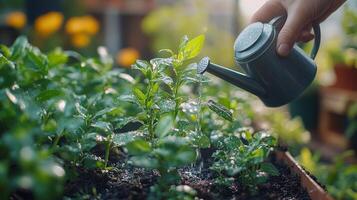 Hand watering fresh green plants in a lush garden during a sunny day in early spring photo