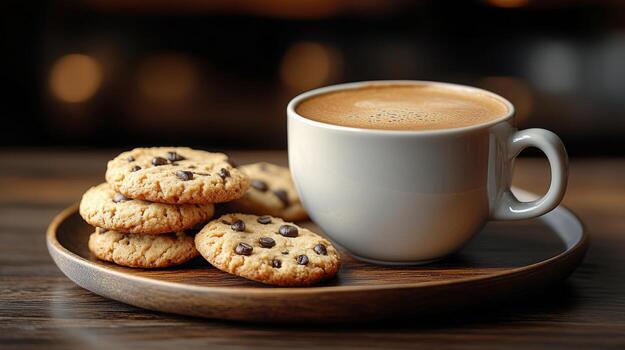 disfrutando café con chocolate chip galletas en un rústico de madera mesa en un acogedor atmósfera foto