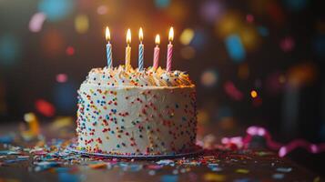 Festive birthday cake with candles and colorful confetti for a celebration photo