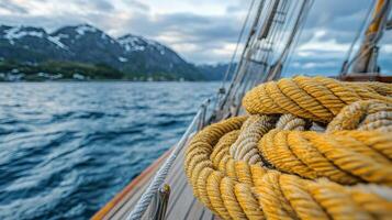 Sailing through majestic mountains with coiled rope on deck near the water during dusk photo
