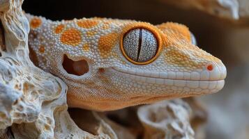Close-up of a colorful gecko resting on textured rock during daylight hours photo