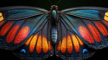 Close-up view of a vibrant butterfly wing displaying intricate patterns and colors in natural light photo