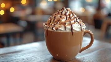 Warm caramel latte served in a takeaway cup at a cozy cafe in a bustling urban setting photo