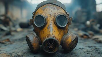 Abandoned gas mask on desolate landscape near waterway in a post-apocalyptic setting photo