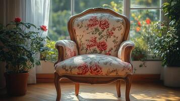 Cozy floral chair illuminated by warm sunlight in a charming indoor setting photo