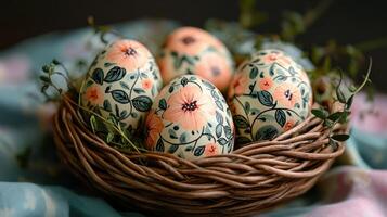 Colorful decorative eggs in a woven basket with flowers on a fabric background during spring season photo