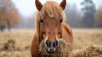 Close-up view of a horse peacefully eating hay in a barn during the evening photo