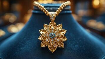 Beautiful gold necklace with intricate design and sparkling gemstones on dark textured surface photo