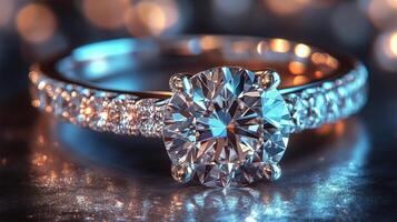 Sparkling diamond engagement ring displayed on a reflective surface with shimmering background lights photo