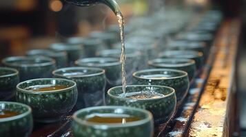 Pouring steaming tea into clay bowls in a serene setting with natural light photo