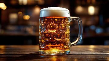 Refreshing amber beer served in a glass mug on a wooden table in a cozy bar setting photo