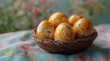 Colorful hand-painted Easter eggs displayed in a decorative nest on a floral fabric background photo