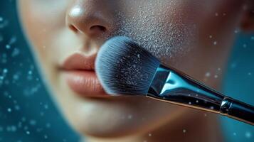 Makeup brush resting on loose powder with a blurred background of cosmetics photo