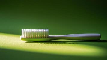 Toothbrush resting in calm water with a lush green background during daytime photo