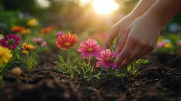 Hands gently tending to vibrant flowers in a garden during sunset photo
