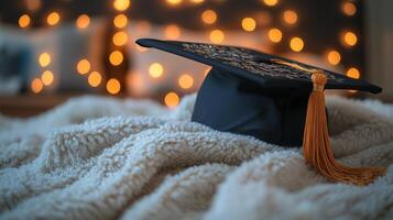 Graduation cap on soft blanket with festive lights in the background creating a celebratory atmosphere photo