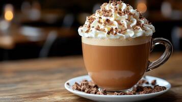 Delicious hot chocolate topped with whipped cream and chocolate shavings served in a cozy caf photo