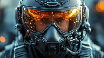 Vibrant reflective visor of a space helmet showcases intricate details and surroundings photo