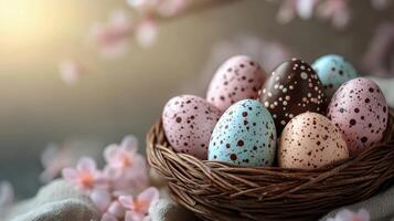 Colorful decorated eggs in a wicker basket on a soft pink cloth for spring celebrations photo