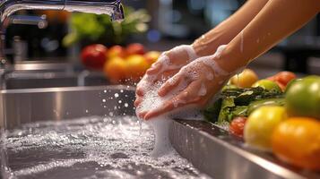 Washing citrus fruit with soap and water in a clean kitchen sink during daylight photo