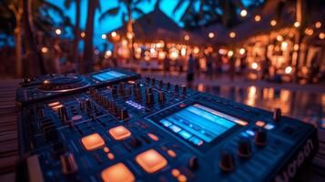 Vibrant sunset pool party with DJ equipment and lively atmosphere in tropical location photo