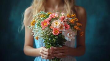 Beautiful bouquet of roses held by a person in cozy setting with warm lights in the background photo